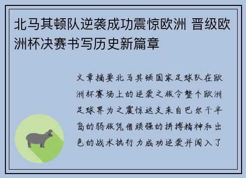 北马其顿队逆袭成功震惊欧洲 晋级欧洲杯决赛书写历史新篇章