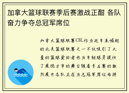 加拿大篮球联赛季后赛激战正酣 各队奋力争夺总冠军席位