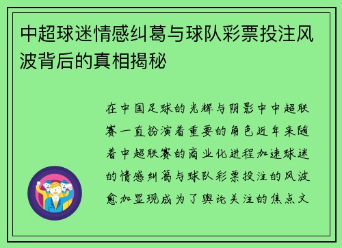 中超球迷情感纠葛与球队彩票投注风波背后的真相揭秘
