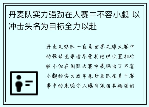 丹麦队实力强劲在大赛中不容小觑 以冲击头名为目标全力以赴