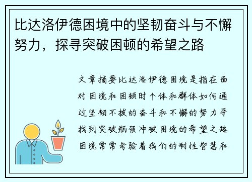 比达洛伊德困境中的坚韧奋斗与不懈努力，探寻突破困顿的希望之路
