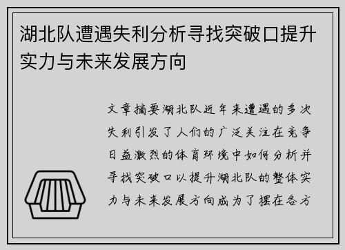 湖北队遭遇失利分析寻找突破口提升实力与未来发展方向