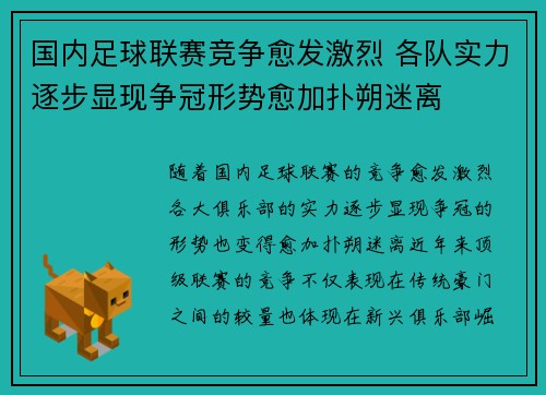 国内足球联赛竞争愈发激烈 各队实力逐步显现争冠形势愈加扑朔迷离