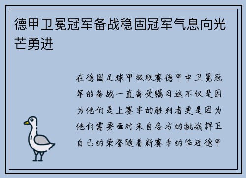 德甲卫冕冠军备战稳固冠军气息向光芒勇进