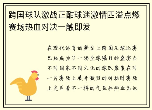 跨国球队激战正酣球迷激情四溢点燃赛场热血对决一触即发