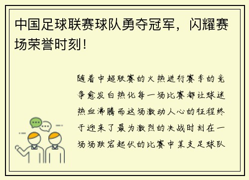 中国足球联赛球队勇夺冠军，闪耀赛场荣誉时刻！