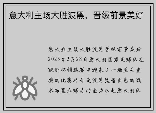 意大利主场大胜波黑，晋级前景美好