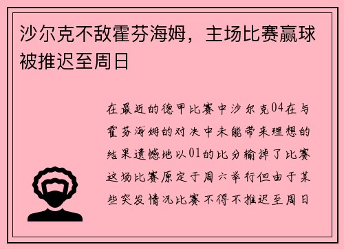 沙尔克不敌霍芬海姆，主场比赛赢球被推迟至周日