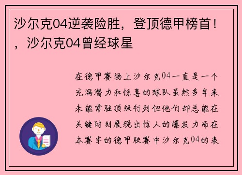 沙尔克04逆袭险胜，登顶德甲榜首！，沙尔克04曾经球星