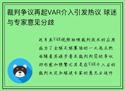裁判争议再起VAR介入引发热议 球迷与专家意见分歧
